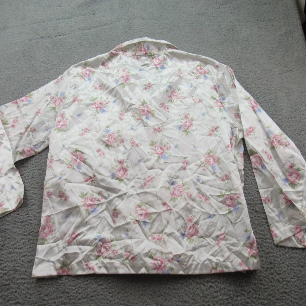 Character Womens XL Pajama Top Shirt White‎ Pink Blue Floral Satin Button Down